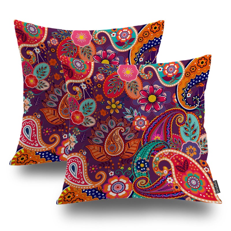 Shrahala Red Paisley Indian Decorative Pillow Covers, Chinese Colorful Flowers Pattern Floral Ethnic Indian Asian Cushion Case Sofa Bedroom Throw Pillow Covers Square 20 x 20 inches Red, Set of 2 - Image 1